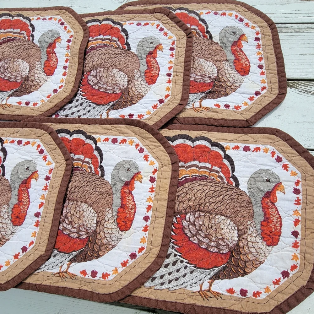 Quilted Turkey Placemats (6) Handmade Autumn Theme Leaves Farmhouse Cottage